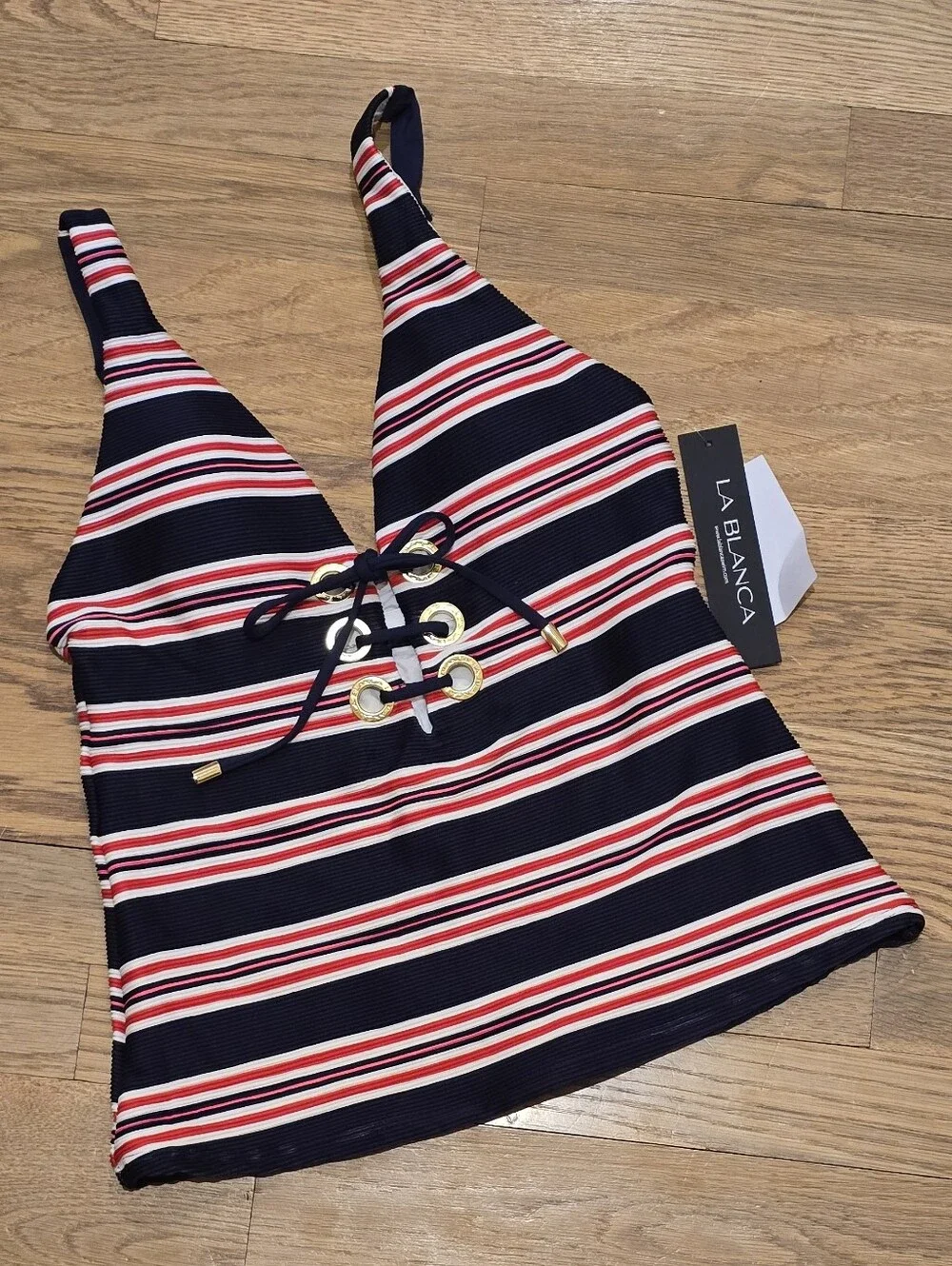 LA Blanca Sailor Stripe Lace-Up Tankini Top Sexy Fit Indigo Multi Sz 4 NWT